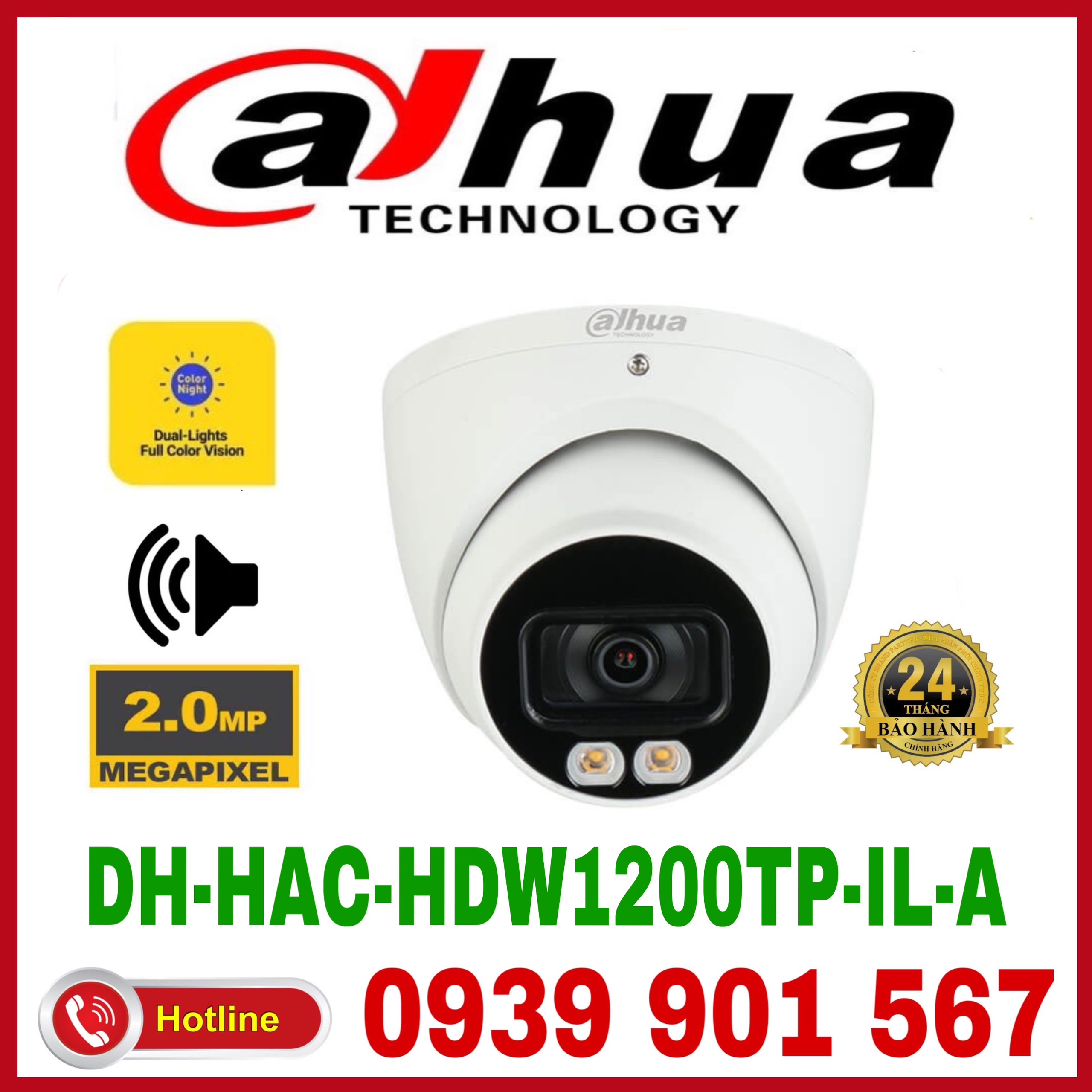 Camera Dome HDCVI Full Color ánh sáng kép thông minh 2.0MP Dahua DH-HAC-HDW1200TP-IL-A