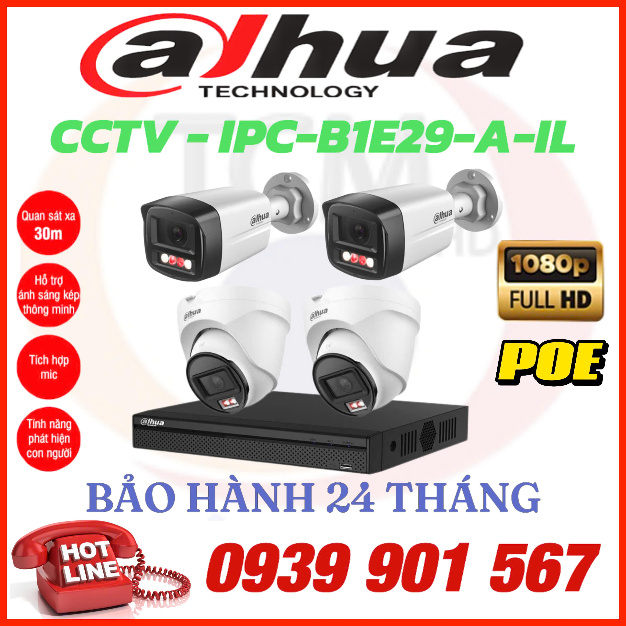 LẮP ĐẶT TRỌN BỘ 4 CAMERA IP QUAN SÁT DAHUA CCTV-B1E29-A-IL & T1E29-A-IL