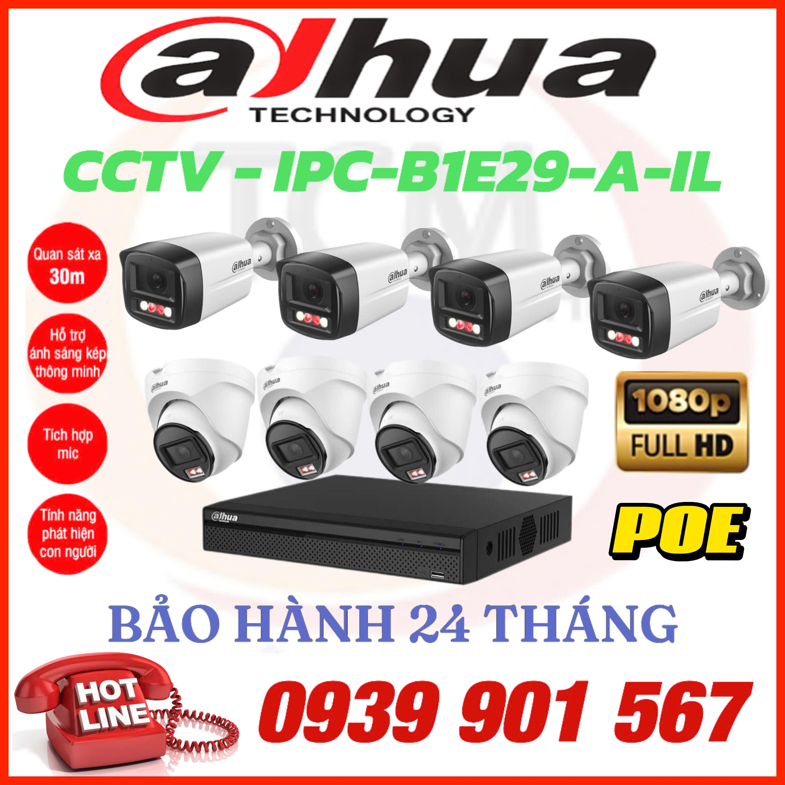 LẮP ĐẶT TRỌN BỘ 8 CAMERA QUAN SÁT DAHUA CCTV-B1E29-A-IL & T1E29-A-IL