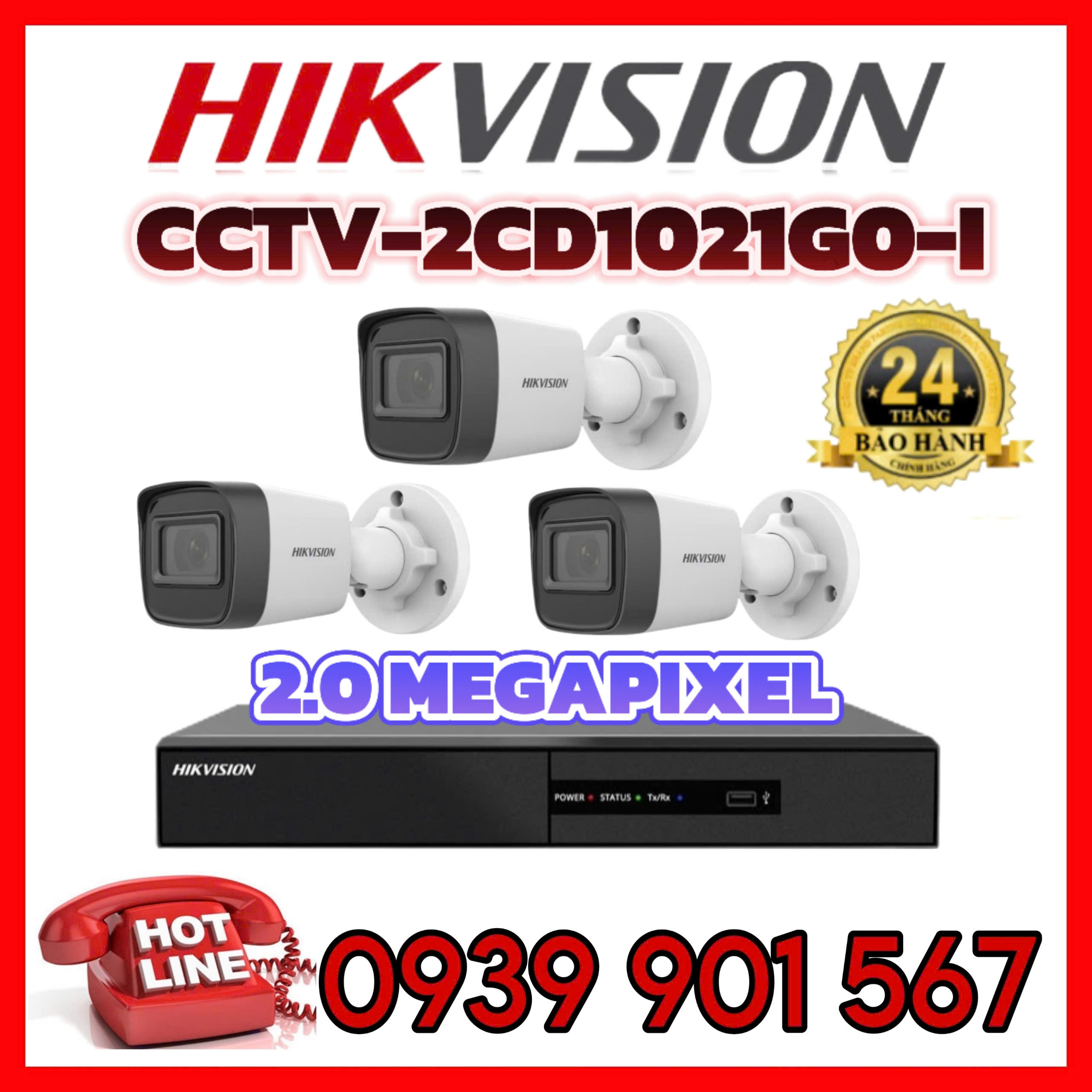 Lắp đặt trọn bộ 3 camera quan sát HIKVISION CCTV-2CD1021G0-I