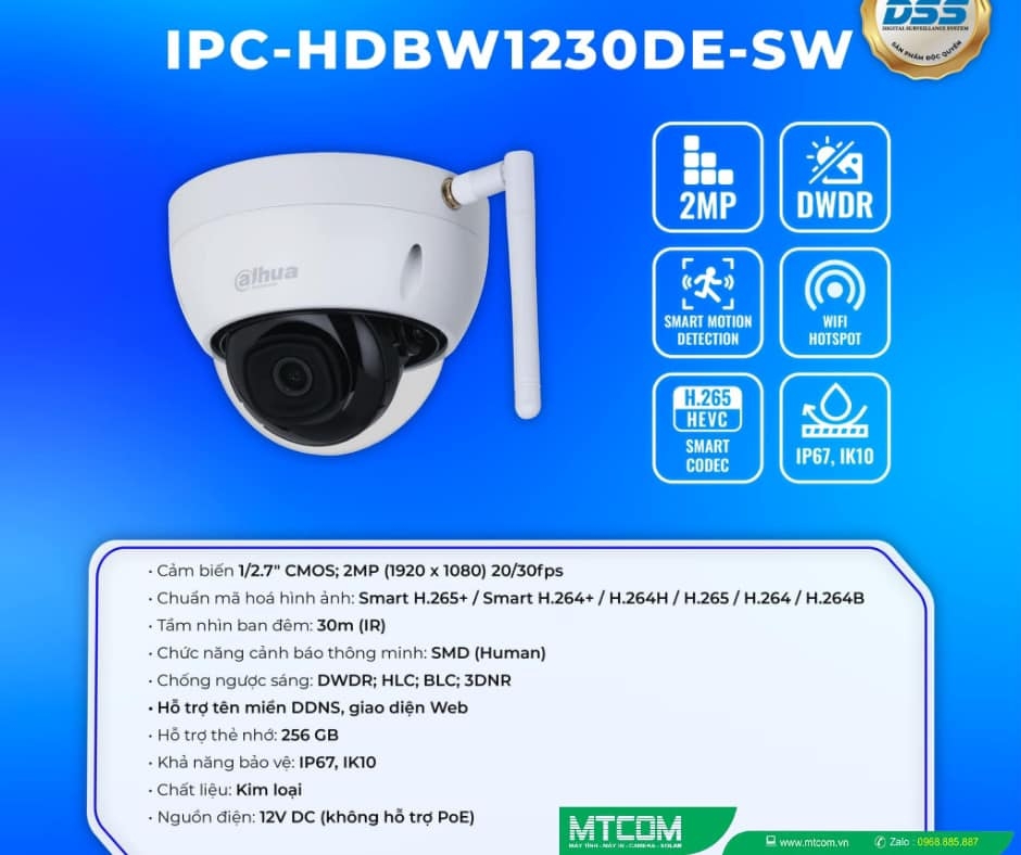 Camera IP Wifi 2MP bán cầu DAHUA DH-IPC-HDBW1230DE-SW