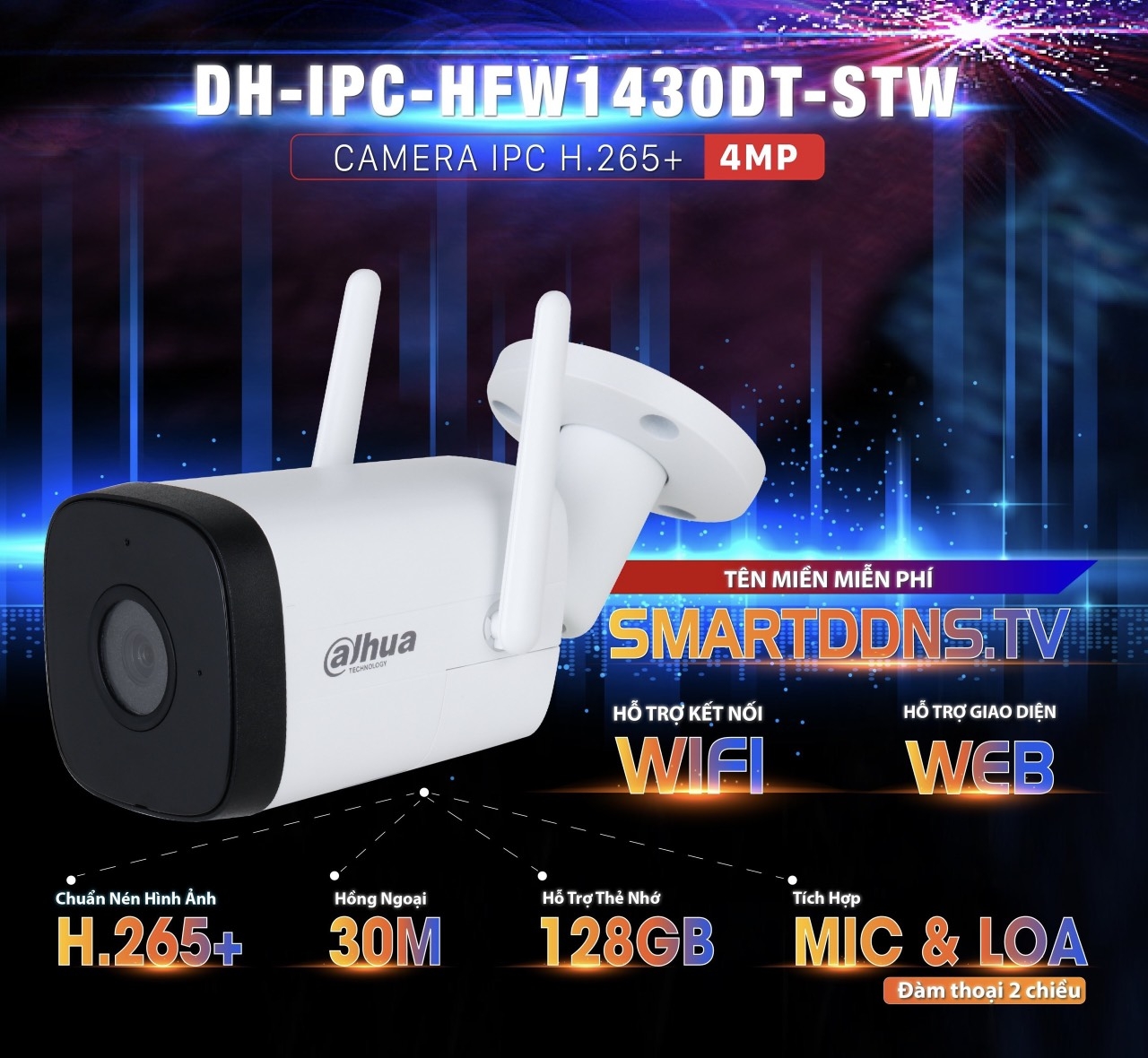 Camera Dahua wifi DH-IPC-HFW1430DT-STW 4MP, hồng ngoại 30m, chuẩn chống bụi  nước