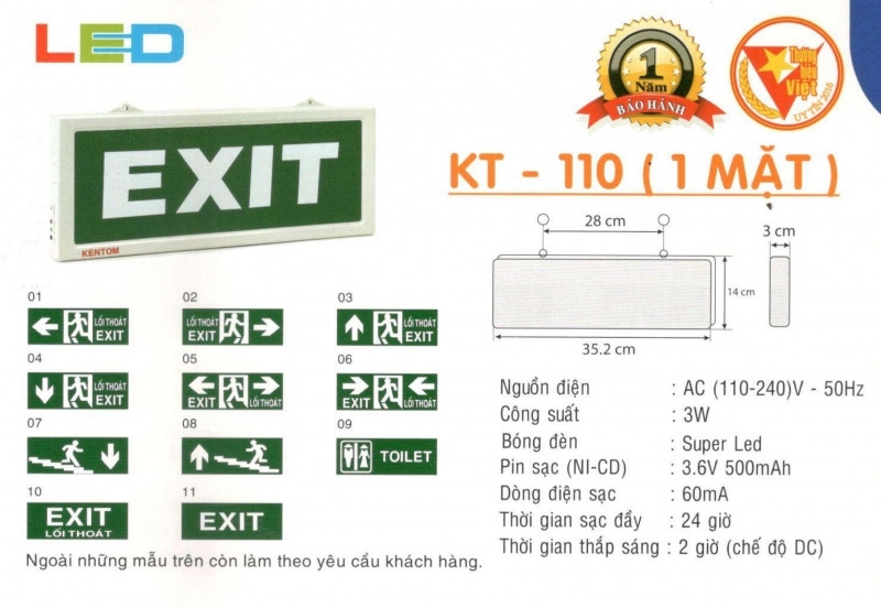 Đèn exit thoát hiểm kentom KT110 (theo tiêu chuẩn an toàn của ngành PCCC)