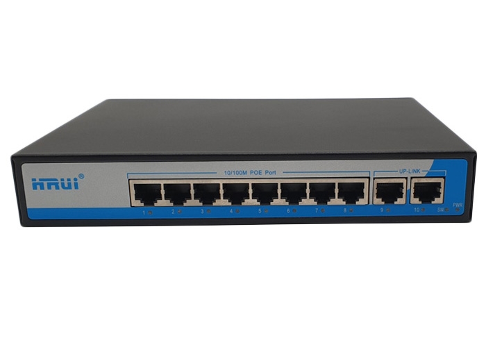 Switch PoE 8 Port HRUI HR901-AF-82N tốc độ 10/100M, 2 Uplink, công suất  tổng 150W, Led hiển thị