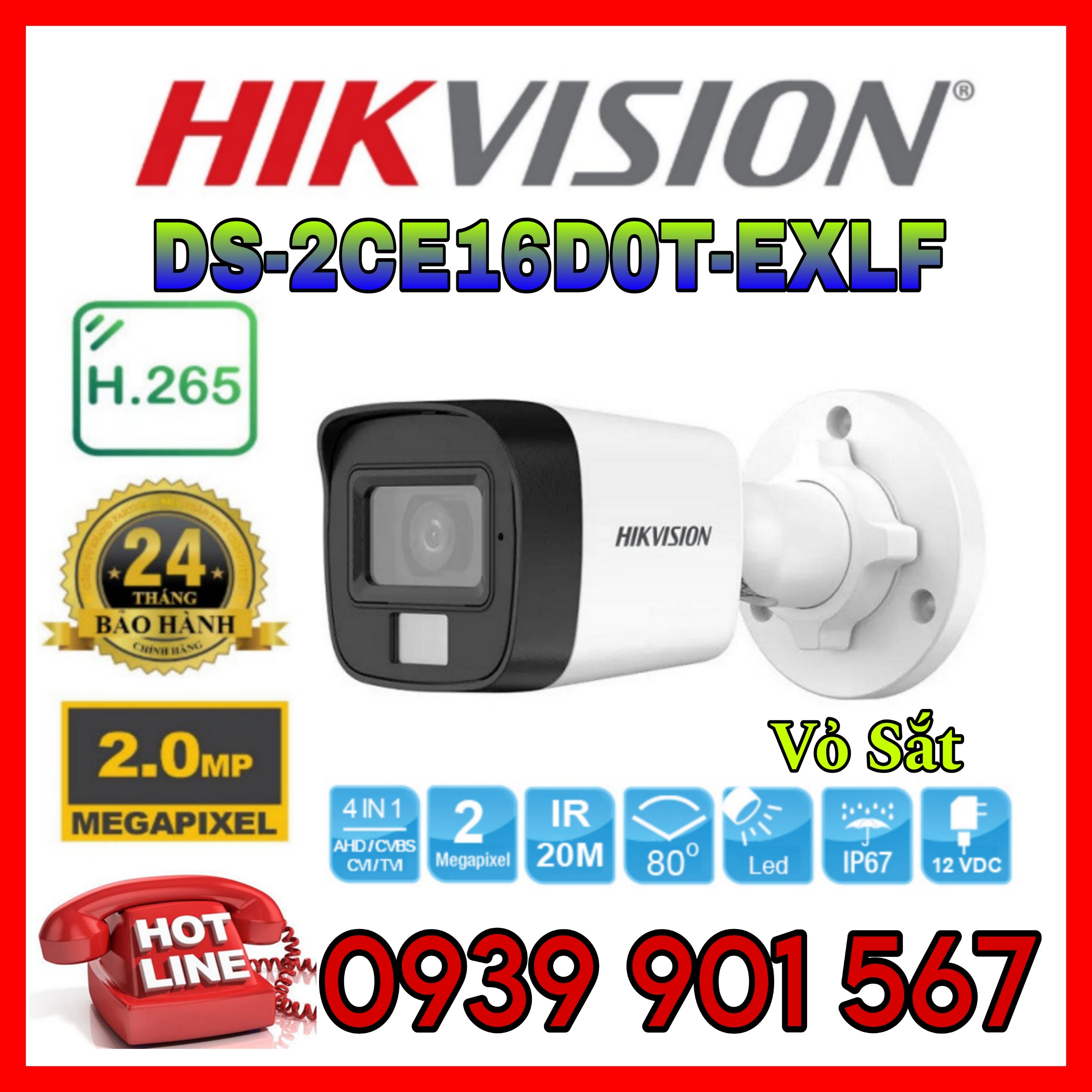 CAMERA NGOÀI TRỜI SMART HYBRID LIGHT HIKVISION DS-2CE16D0T-EXLF 2MP