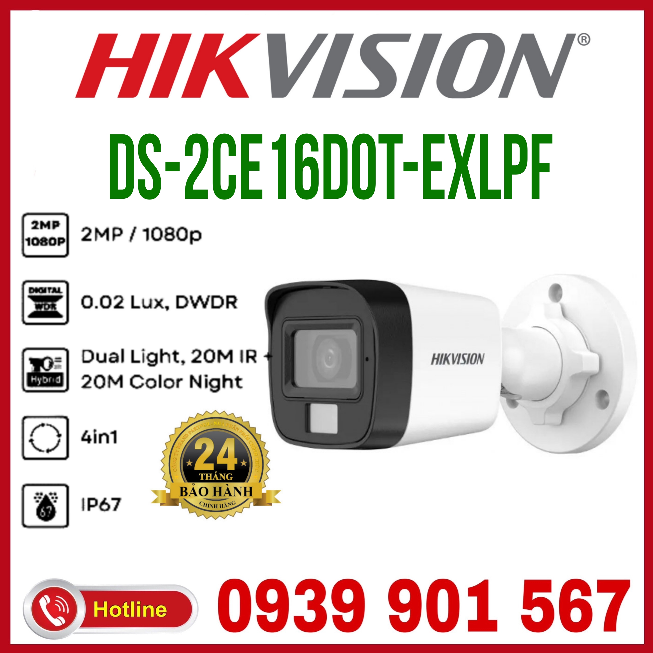 Camera 4 in 1 hồng ngoại 2.0 Megapixel HIKVISION DS-2CE16D0T-EXLPF