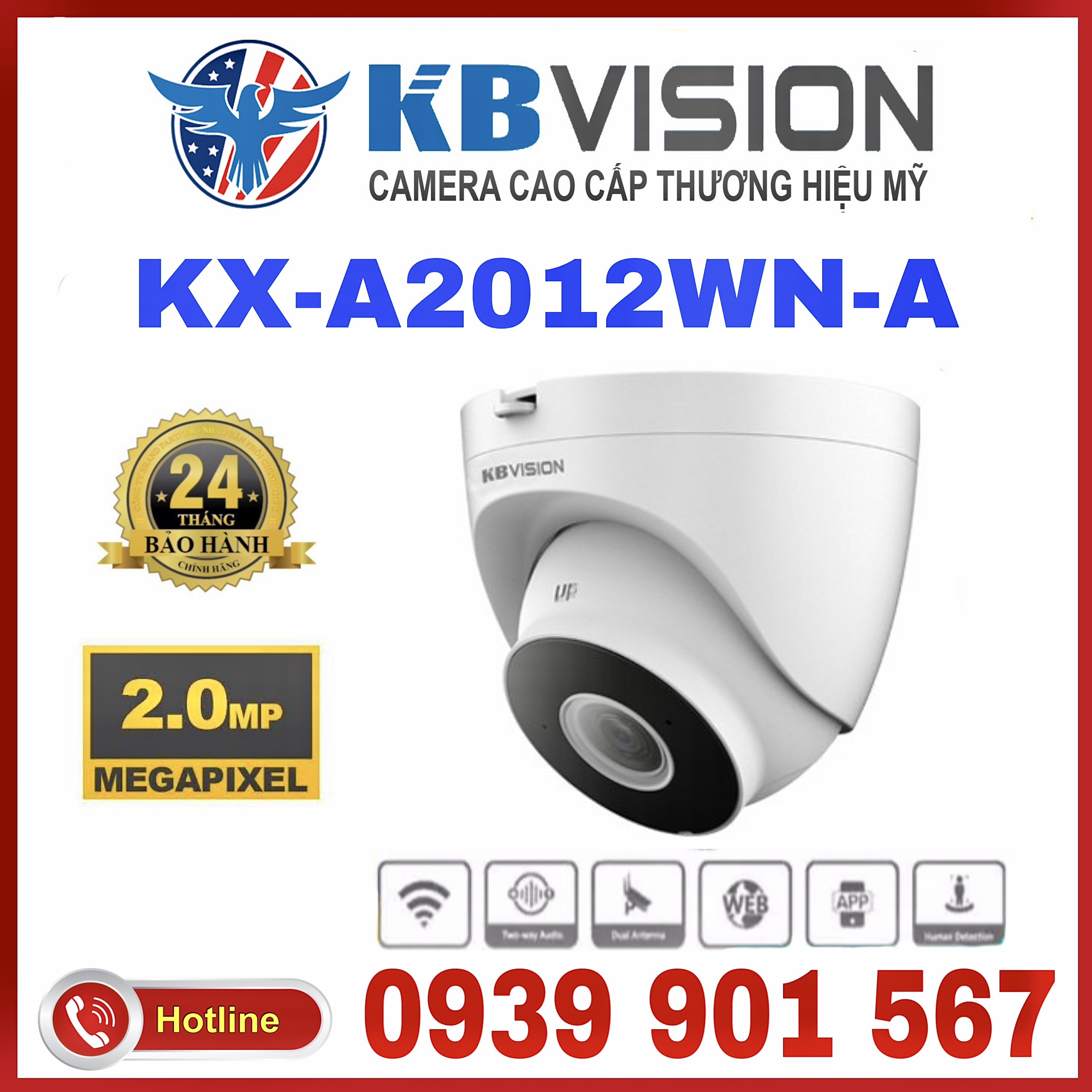 Camera IP Dome hồng ngoại không dây 2.0 Megapixel KBVISION KX-A2012WN-A