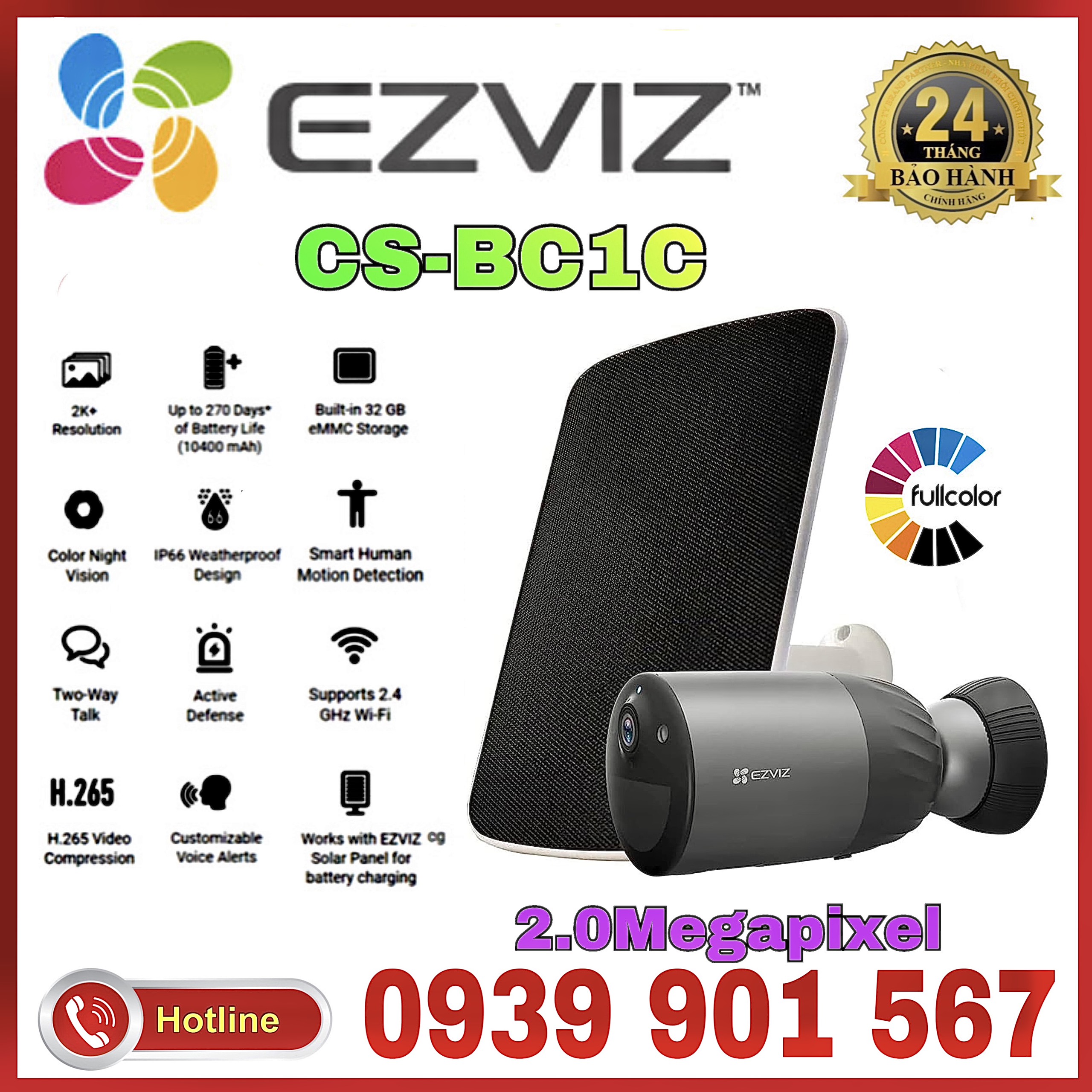 Camera IP Pin sạc hồng ngoại không dây 2.0 Megapixel EZVIZ BC1C +Tấm Pin năng lượng mặt trời